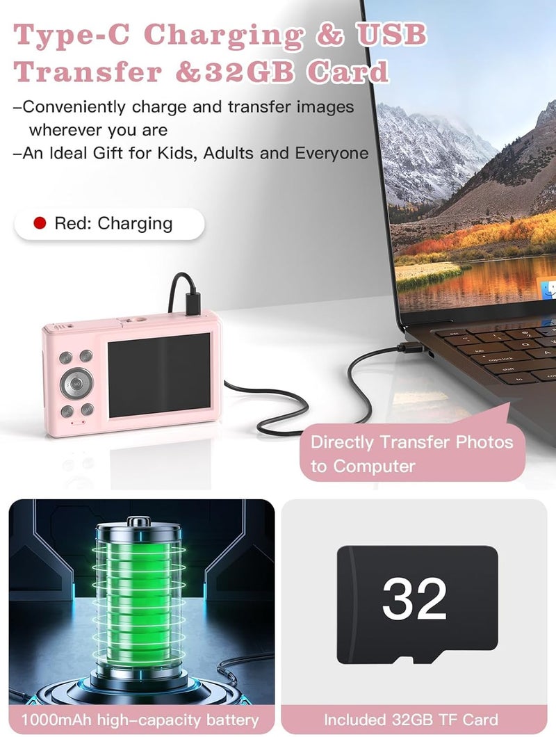 Fleafer Upgrade Kids Digital Camera - 56MP FHD 1080P with 16x Zoom, Anti-Shake, 32GB TF Card, Two Batteries, Lanyard - Compact Small Camera for Kids (Pink) - Image 4